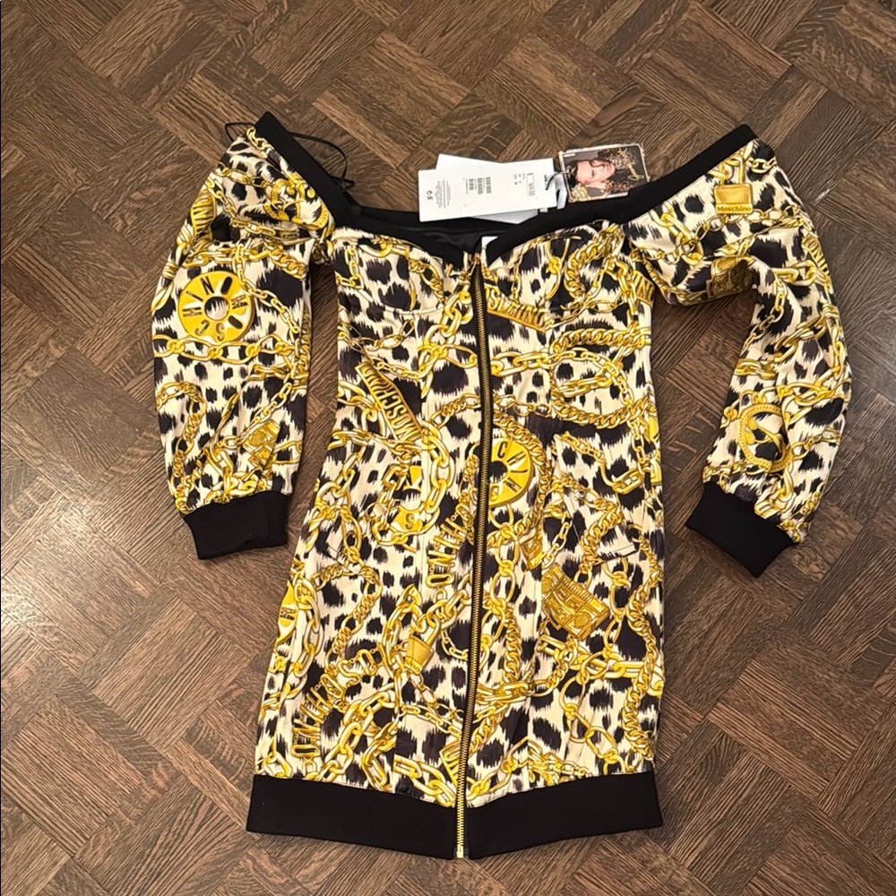 H&M X Moschino Off-Shoulder leopard Print Dress with Gold Chain Design
